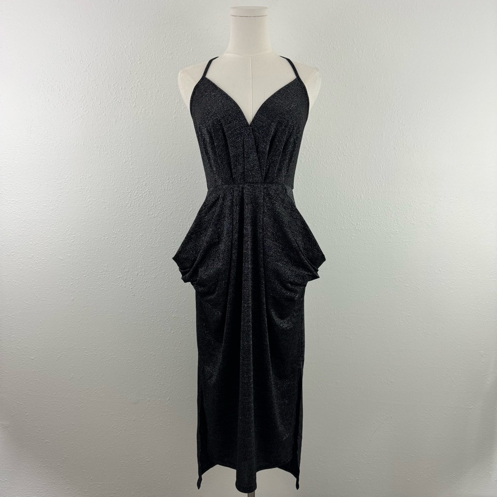BCBGENERATION Black Grey Metallic Glitter Halter Formal High Low Midi Dress NEW